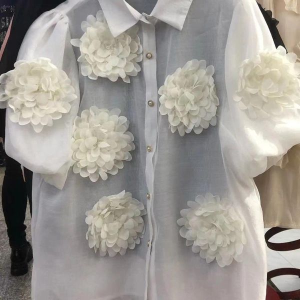 Blusas femininas real pos 2024 verão manga curta 3d flores camisas de malha e para mulher sexy transparente branco preto topos