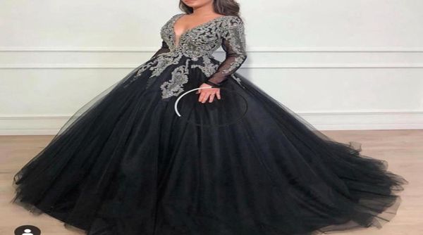 Nova chegada sexy com decote em v preto muçulmano vestidos de baile 2020 manga cheia mão miçangas lantejoulas cristal vestido baile tule vestidos noite dubai5857000