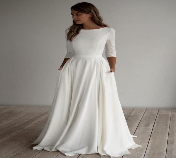 2020 Aline Crepe bescheidenes Hochzeitskleid mit langen Ärmeln, Tasche, Sweep-Zug, schlicht, elegant, informell, Boho-Brautkleider mit Ärmeln, individuell gestaltet, M3418270