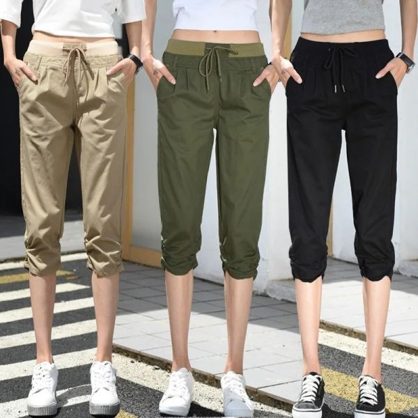 Capris verão calças capris para mulheres casual sólido meados de cintura harem calças moletom streetwear calças curtas pantalon femme