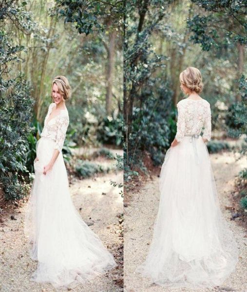 2021 Abiti da sposa country bohémien Mezza manica Sexy scollo a V Abito da sposa chic per le donne incinte Applicazioni di pizzo floreale Una linea Robe7059929