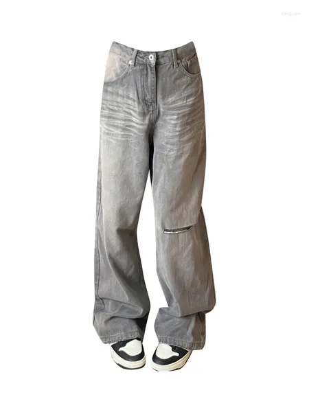 Calças de brim femininas cinza denim calças de perna larga cintura alta moda elevador quadris mostrar calças casuais finas coreano retro tendência 2000s estética