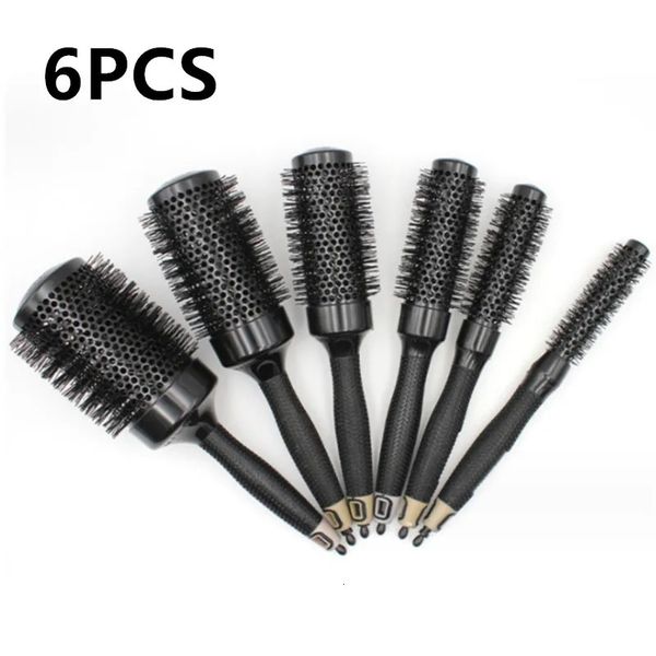 6 pçs/set cerdas de javali preto redondo pente de cabelo profissional escova de cabelo anti-estática barbeiro salão estilo ferramentas 240323