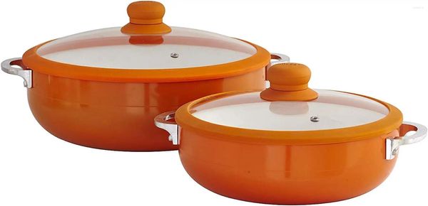 Kochgeschirr-Sets IMUSA USA 2-teiliges Caldero-Set aus orangefarbener Keramik mit Silikonrand und Glasdeckel