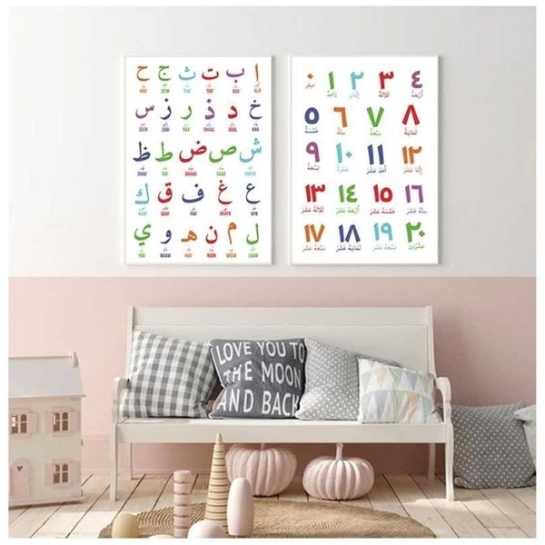 Arabische islamische Wandkunst Leinwandmalerei Buchstaben Alphabete Ziffern Poster Drucke Kinderzimmer Kinderzimmer Dekor 211222266F