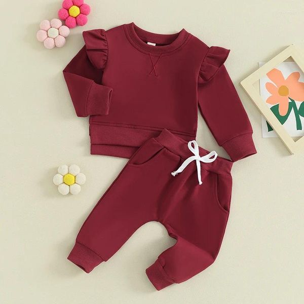 Set di abbigliamento Vestiti per neonate per bambini Abiti autunno-inverno Tinta unita con volant a maniche lunghe Felpa girocollo e pantaloni da jogging