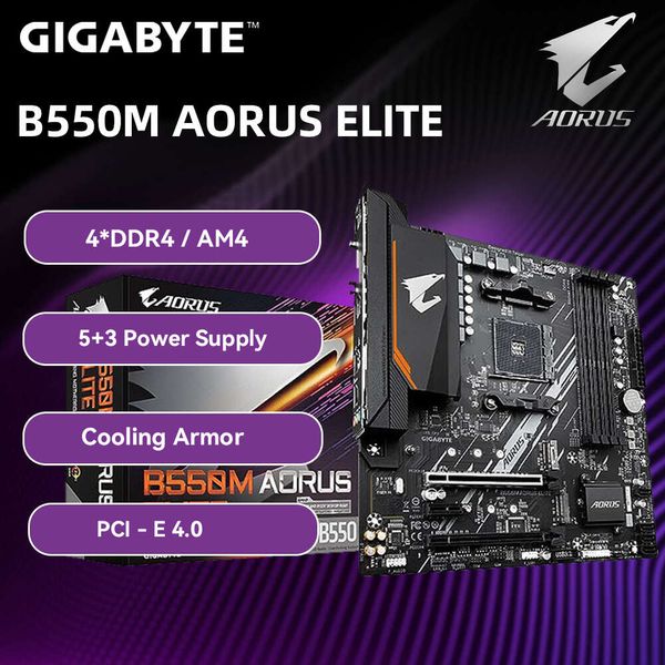 Placa-mãe gigabyte b550m aorus elite com armadura legal, placa-me 5 + 3 fonte de alimentação ddr4 pci-e 4.0 m.2 para amd r5 5800x3d