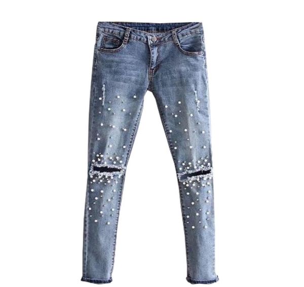 2017 neue Mode Frauen Mädchen Loch Perlen Jeans Zerstört Zerrissene Perlen Dünne Denim Boyfriend-Jeans Hose4560838