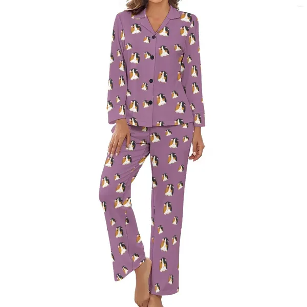 Kadın pijama lavanta kobay pijamalar uzun kollu hayvan baskı 2 adet estetik set bahar dişi v boynu zarif gece giyme