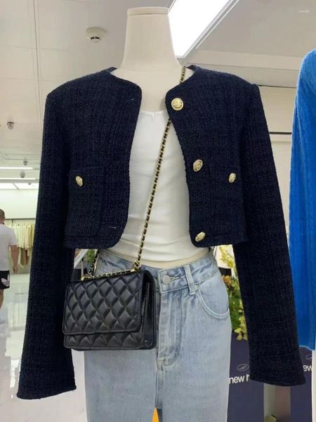 Jaquetas femininas elegantes mulheres tweed jaqueta cortada 2024 outono manga comprida botão desgastado chique moda feminina o-pescoço bolso curto casacos