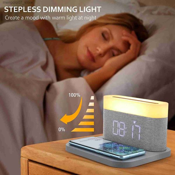 Lâmpadas Shades Rápido Carregamento Sem Fio 15W Despertador Digital Night Light Bedside Touch Reading Light Brilho Ajustável Snooze Carregador USB L240311