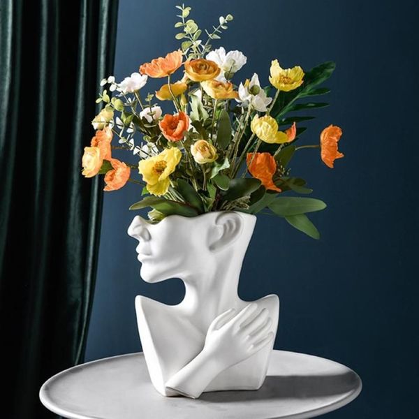 Vaso in ceramica creativa nordica Testa umana astratta Vaso da fiori a metà corpo Disposizione floreale volto umano Decorazione domestica moderna255x