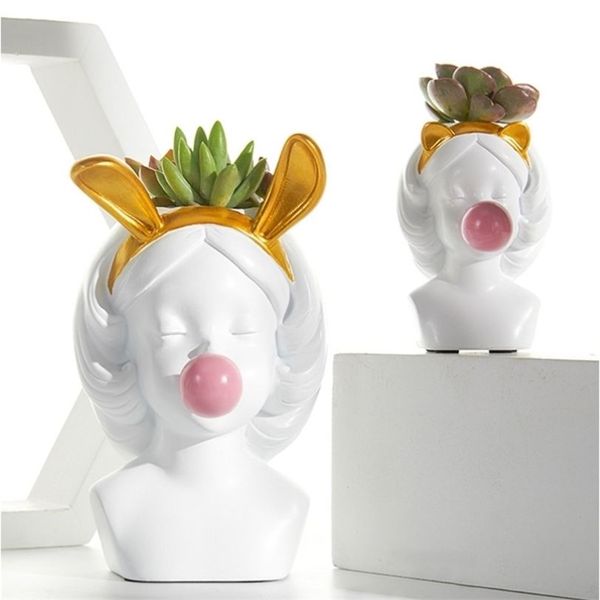 Piccolo carino resina nordica Testa umana Vaso dorato donna vaso di gomma da masticare soggiorno Decorazione Composizione floreale Creativo 210409312M