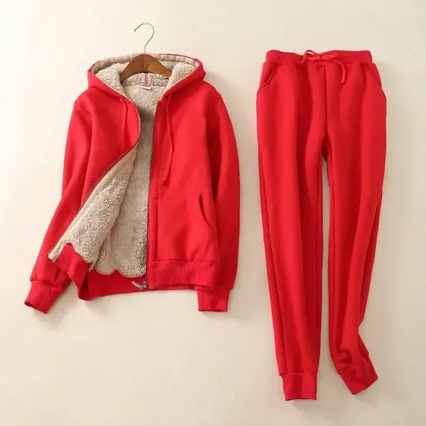 Calças femininas de duas peças inverno vermelho grosso hoodie meninas oversize conjunto zíper com capuz senhoras roupas terno feminino 2