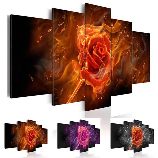 Conjunto de 5 peças de impressão em tela para decoração de casa, arte moderna de parede, imagem de rosa, presente para amor, sala de estar ou quarto, sem moldura2555