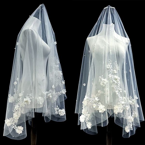 Brautschleier Spitzenkante Damen Kurzschleier mit Kamm 3D-Blumen Brautschleier für die Kirche Veu