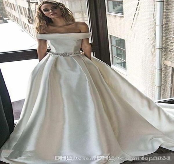 Fora do ombro simples elegante uma linha vestidos de casamento com bolsos frisado cintura cetim vestidos de noiva vestido de noiva ves9177574