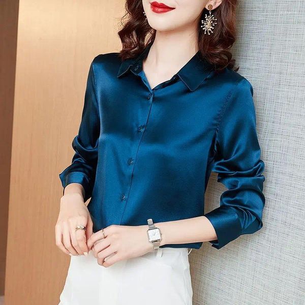 Blusas femininas blusa feminina camisas de mangas compridas falso seda escritório senhoras topos coreano chique roupas branco preto vermelho azul verde