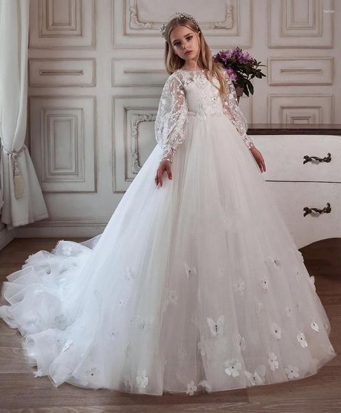 Abiti da ragazza Stupendo fiore bianco per matrimonio Manica lunga Farfalle fatte a mano Appliques Abito da prima comunione Bambino 1-14T