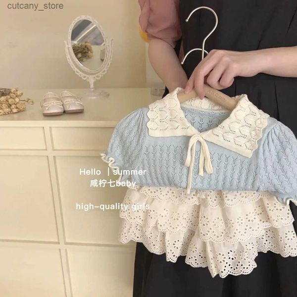 T-shirt Estate New Baby Bambini Maglione Sut Stile coreano Neonate Sottili volant in maglia Scava fuori Maglioni + pantaloncini Pullover per bambini Top Sut L240311