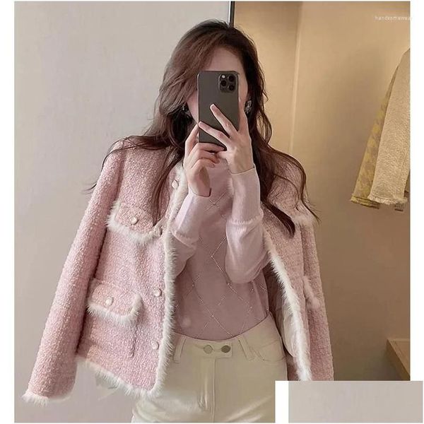 Giacche da donna Giacche da donna Coreano Rosa Impiombato in pelliccia Plaid T Giacca Donna Elegante Lusso Deisgn Girocollo Cappotto corto Vintage Lungo S Dhcl7