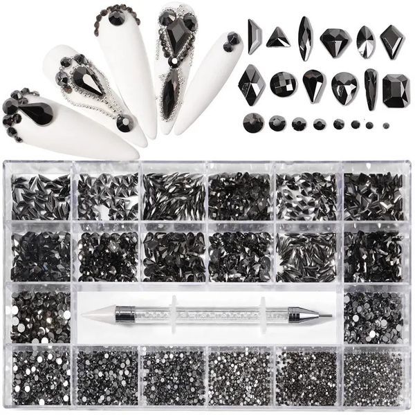 Mine Black Fancy Crystal Nagel-Strasssteine, luxuriöse Nagelteile, Edelsteine, 3D-Flatback-förmige Diamanten, Glas-Nagelkunst-Dekorationen 240301