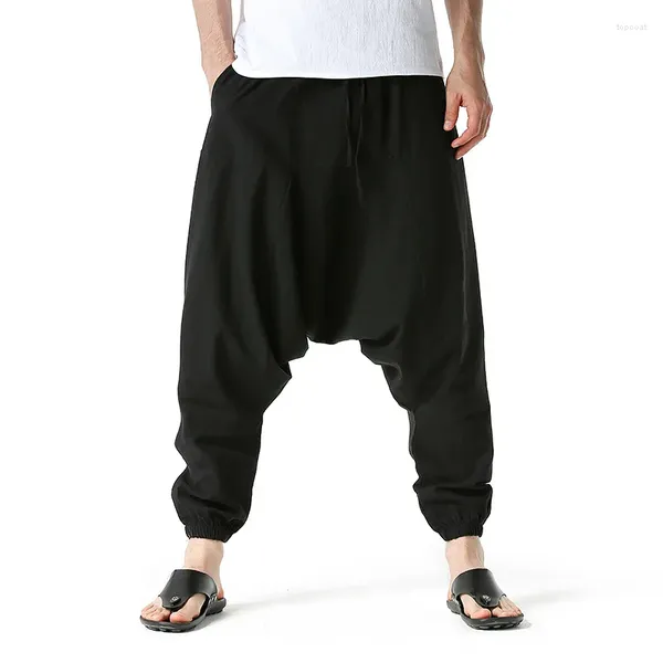 Männer Hosen Baumwolle Leinen Harem Männer Feste Elastische Taille Streetwear Jogger Baggy Drop-gabelung Casual Yoga Lose Hosen