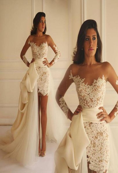 Maison Yeya Vestidos de casamento de renda curta com trem destacável 2021 Illusion Manga comprida Sheer Neck Holiday Bridal Two Pieces Weddin6040993