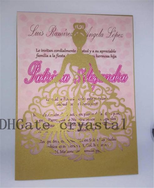 Işıltılı lazer kesim quinceanera davetiyeleri altın lazer kesim elbise quinceanera davetiyesi zarif ayva tatlı on altı parıltılı altın9244704