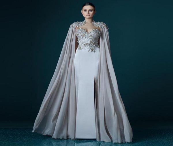 Nuovo elegante grigio chiffon lungo mantello applicazioni di pizzo abito da sera dritto abiti da ballo signora maxi abito che scorre evento celebrità Lon5435144