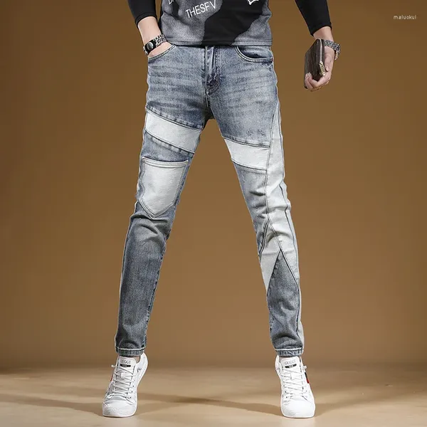 Jeans da uomo autunno patchwork azzurro uomo streetwear pantaloni dritti slim fit pantaloni in denim strappati casual stile coreano