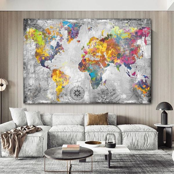 Mapa mundi vintage, pôsteres abstratos, retrô, impressões, pintura em tela, decoração de interiores, arte de parede, imagens para sala de estar, decoração de casa261d