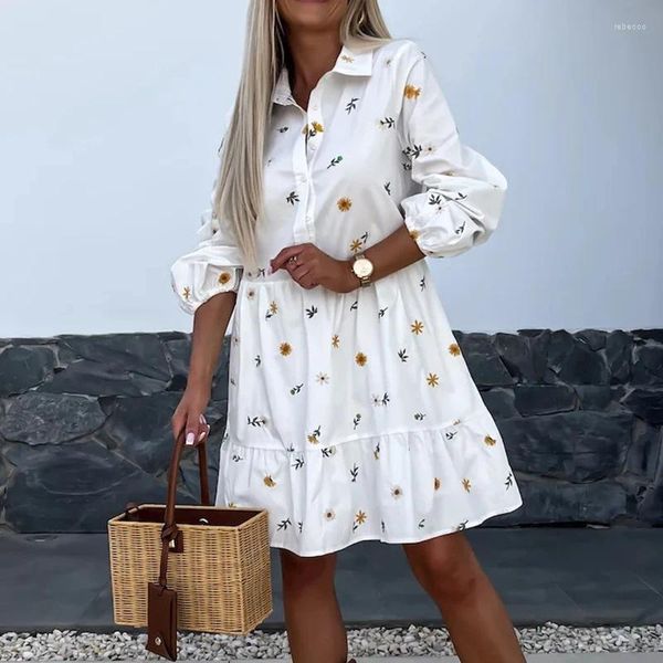 Abiti casual Abito da festa pieghettato con bottoni monopetto 2024 Camicia elegante con colletto rovesciato da donna con stampa floreale a maniche lunghe