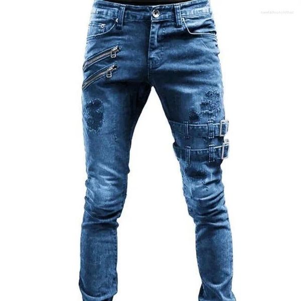 Jeans masculinos rasgados com alças de bolso apertadas e zíperes Calças de corrida leggings elásticas