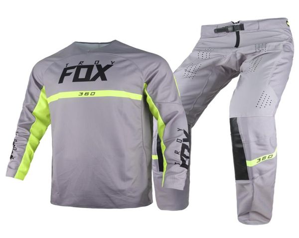 Troy Fox 360 Merz Dişli Seti Jersey Pantolon Mens Motocross Combo Yetişkin Kitleri Offroad MX ATV UTV Bisiklet Yarışı Gri Takım Men5442185