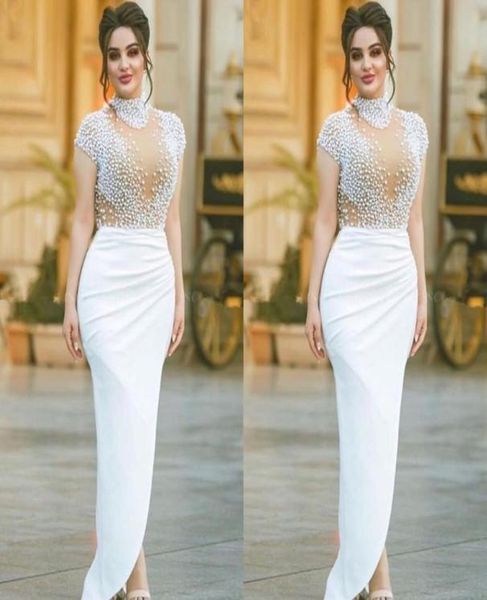 Moderno Dubai Árabe Bainha Branca Vestido de Noite Pérolas Gola Alta Manga Cap Kaftan Vestidos de Baile Vestido Formal Vestidos de Noite com Sli3010650