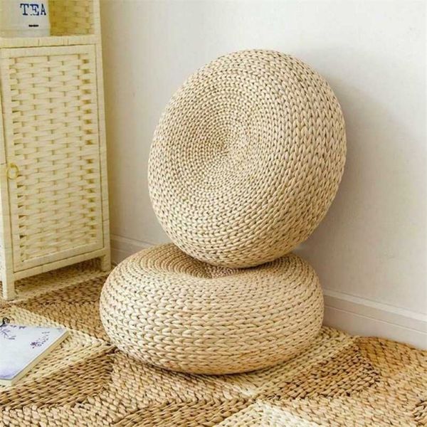 Almofada tatami palha natural redondo pufe mão tecido esteira cadeira almofada estilo japonês para meditação yoga almofada chão travesseiro 2254a
