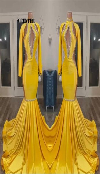 2023 Gelbgold Ballkleider für schwarze Mädchen Afrikanisches Partykleid Langarm Abendkleid für besondere Anlässe Meerjungfrau Robe de Femme 8393415