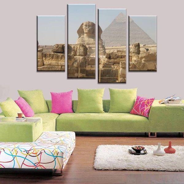 4-teiliges Set ungerahmter Kunstdruck „Ägypten, die große Sphinx und Pyramide“ auf Leinwand, Wandkunstbild für Heim- und Wohnzimmerdekoration287w