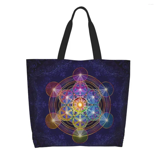 Sacos de compras personalizados Metatron's Cube Merkabah Canvas Mulheres Duráveis ​​Grande Capacidade de Mercearia Flor da Vida Tote Shopper