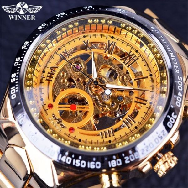 Vencedor completo aço inoxidável relógio de ouro número moldura esporte design relógios masculinos marca superior luxo automático relógio mecânico clock242g