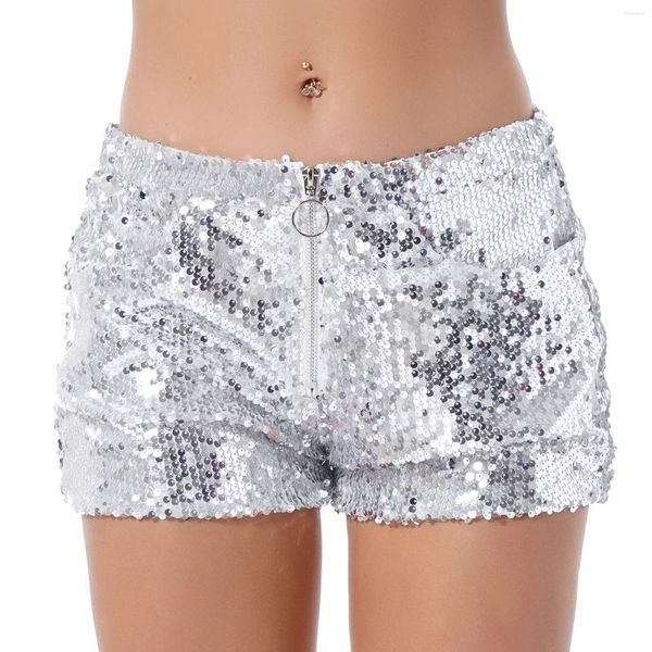 Bühnenkleidung für Damen, glänzende Pailletten-Shorts, hohe Taille, Reißverschluss, figurbetonte Hosen mit Tasche, Clubwear, Pole Dance, Raves, Party, Performance-Kostüm