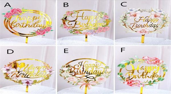 Farbige Blumen „Happy Birthday“-Kuchenaufsatz, goldenes Acryl, Geburtstagsparty, Dessert-Dekoration für Babyparty, Backzubehör 7050043