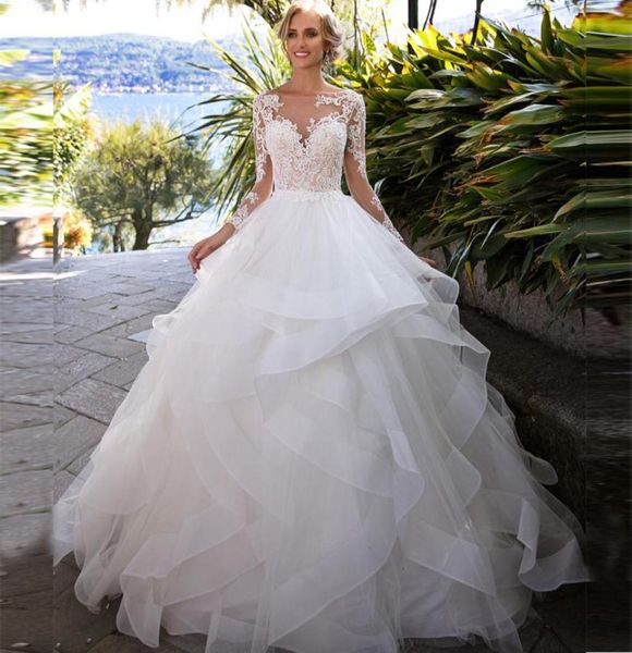 2020 nuovi abiti da ballo vintage abiti da sposa principessa 2020 maniche lunghe aperte sul retro appliques pizzo tulle gonna a strati matrimonio da sposa Go2286048