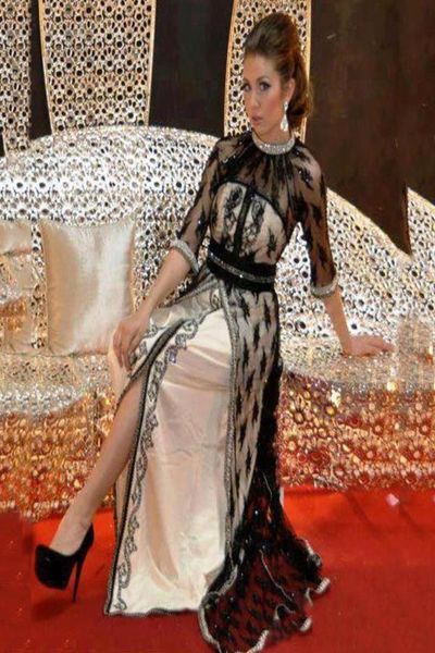 Caftano Dubai Arabia Abiti da sera caftano in pizzo nero con mezze maniche in rilievo di cristallo lungo vestido longo Custom Made5668183