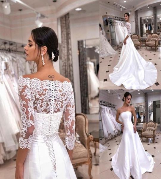 Vestidos de casamento modernos sem alças com jaqueta removível meia mangas boêmio vestidos de noiva com apliques de renda tribunal train8516075