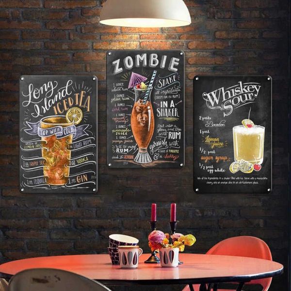 Vintage cocktail sinal de metal cozinha bar acessórios decoração da parede estanho sinais chique homem caverna clube cartaz placa decorativa q0723245r