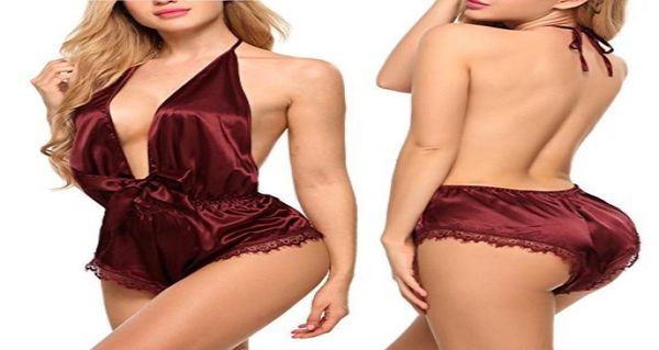 Frauen Sexy Dessous Nachtwäsche Unterwäsche String Emulation Seide Schlinge Nachtwäsche Tiefem V-ausschnitt Halter Backless Teddies Bodys8790639