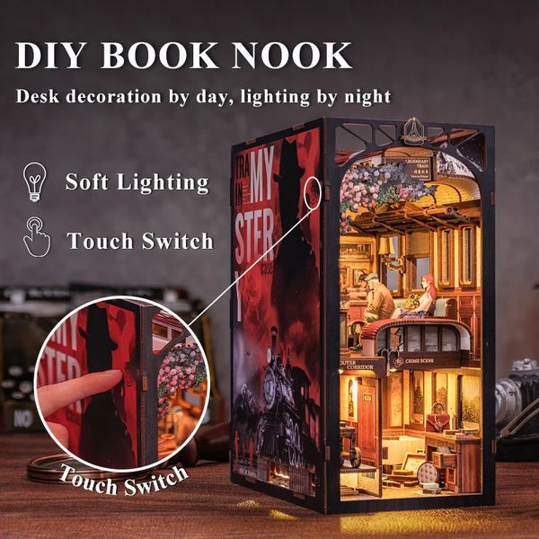 CUTEBEE DIY Book Nook Kit Miniatur-Puppenhaus mit Touch-Light-Staubschutz, Bücherregal-Einsatz, Geschenke, Detektivagentur, Train Mystery 240304