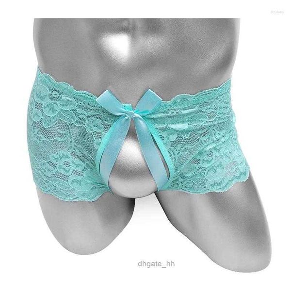 Cuecas crotchless mens rendas boxers shorts roupa interior ver através de bowknot sexy sissy lingerie calcinha bikini cuecas masculinas